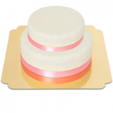 Dwupiętrowy biały tort ze wstążeczką