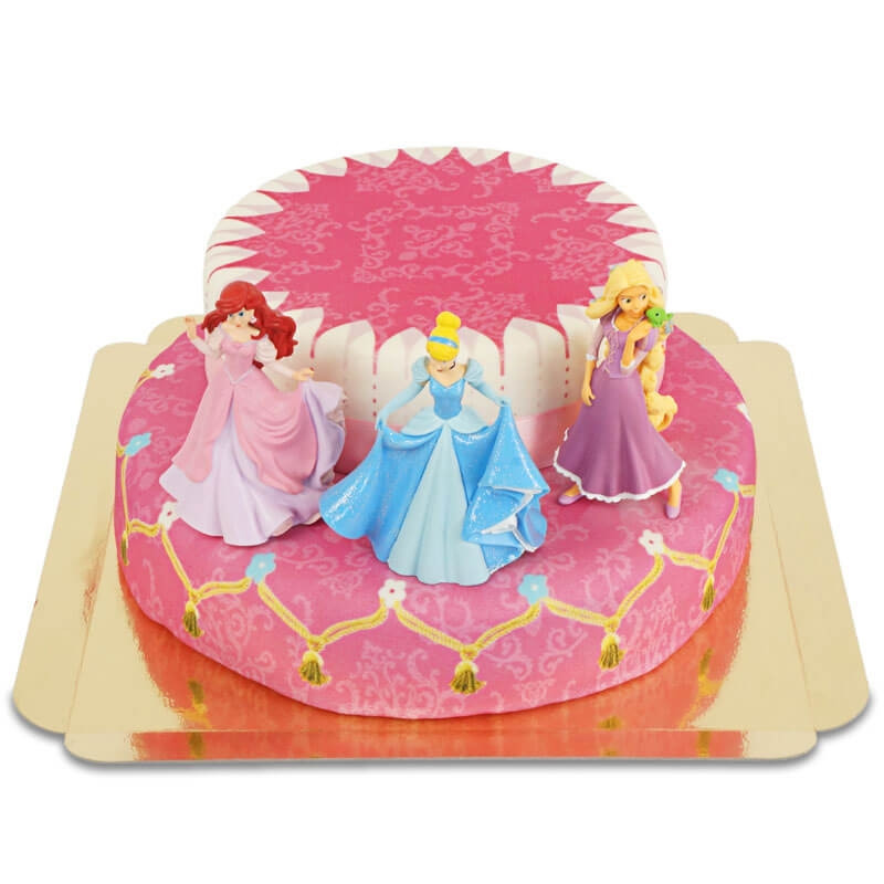 3 Prinzessinnen auf zweistöckiger Torte mit Band