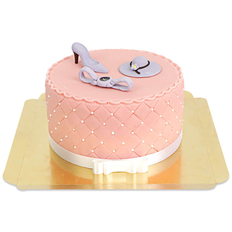 Tort Deluxe Make-Up Cake z kolorową dekoracją cukrową i białą wstążką