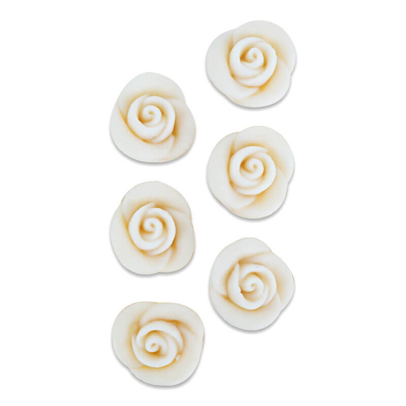 Marcepanowe róże w kolorze białym, około 25 mm (6 sztuk)